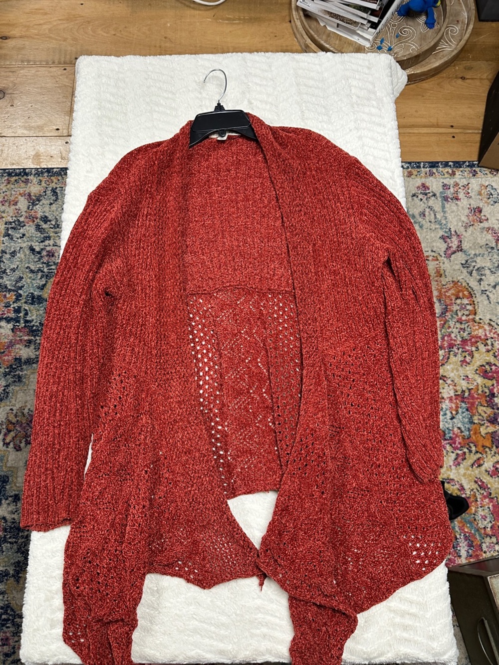 Emaline woman open front long heavy weight chenille Rust cardigan sweater 1X